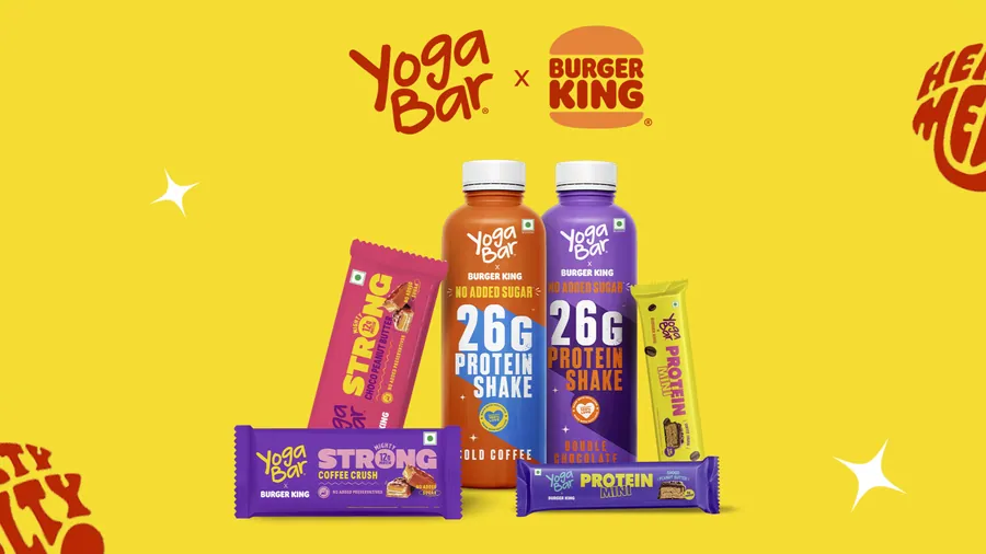 Burger King and Yogabar partnership concept with products on yellow.