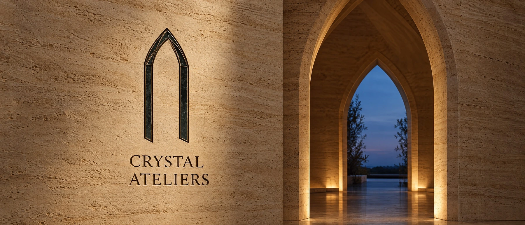The Crystal Ateliers pointed-arch identity beside an architectural arch.
