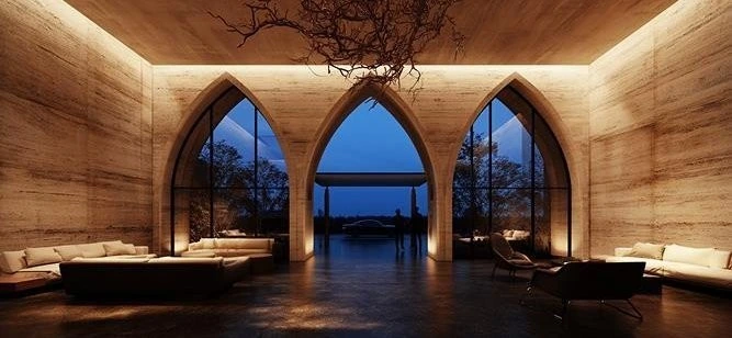 Pointed arches repeated through a warm architectural interior.