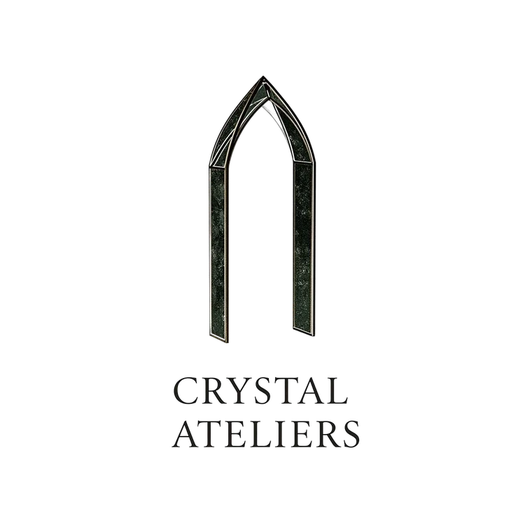 The Crystal Ateliers arch mark on black.