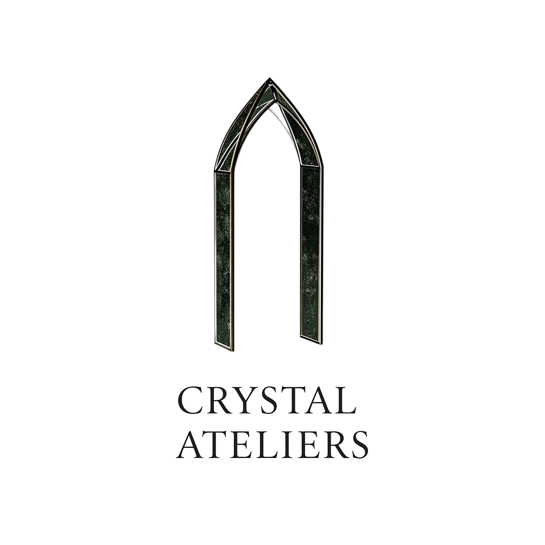 The Crystal Ateliers arch mark on black.