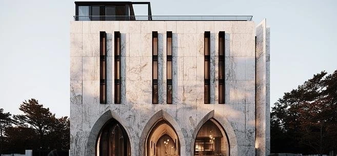 The arch motif repeated through a stone facade.