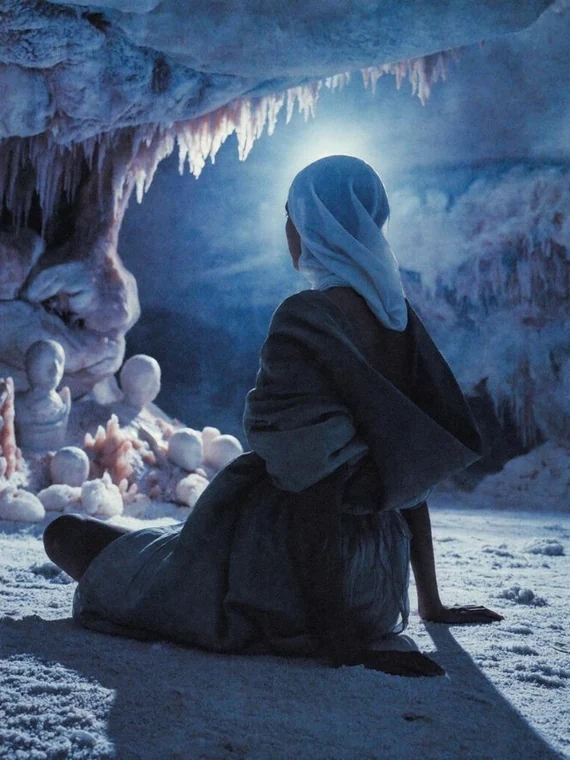 A hooded figure in a blue sculptural environment.