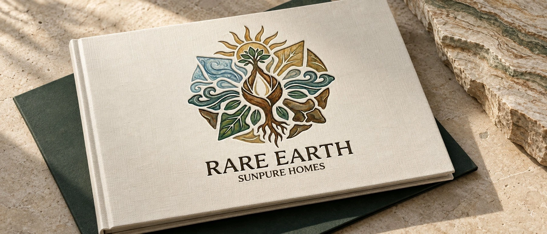 The Rare Earth botanical crest on a cream brochure.