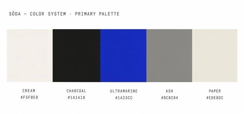 SŌDA's ink, cobalt, silver and paper colour palette.