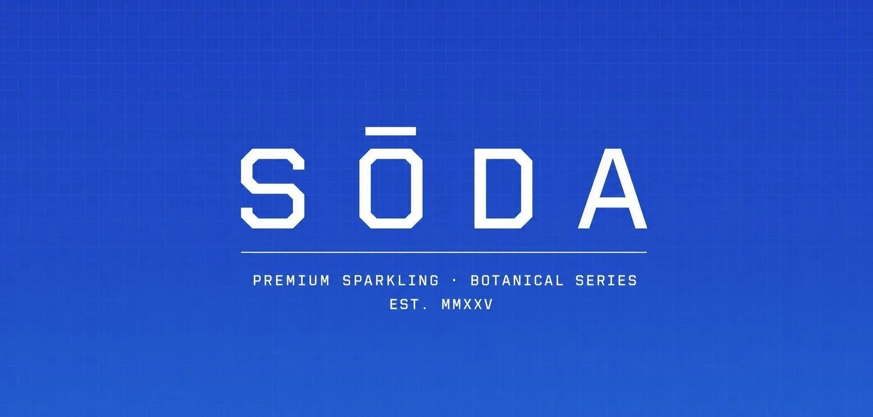 The widely spaced SŌDA wordmark on cobalt.