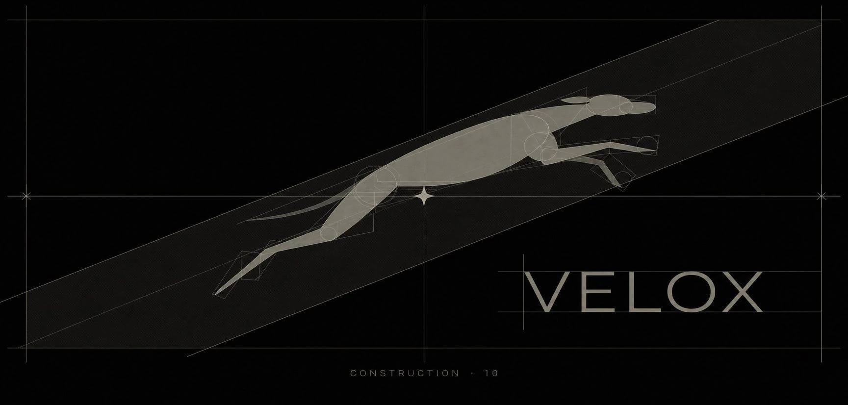 The running greyhound mark and Velox wordmark on a construction grid.