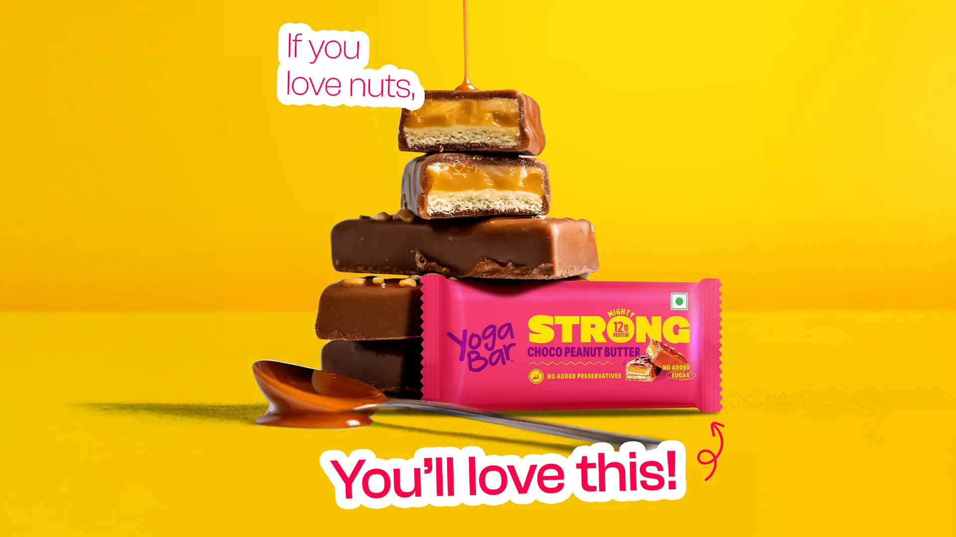 Yogabar Strong product and packaging composition on yellow.