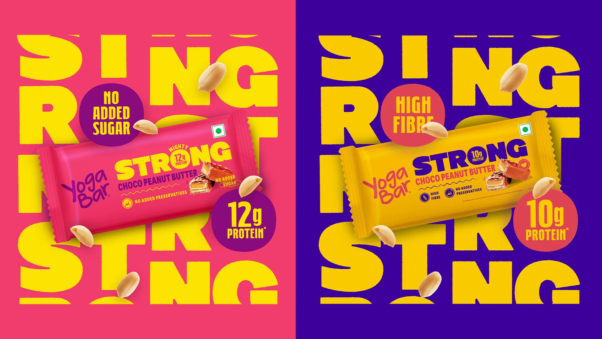 Stacked Yogabar Strong products and campaign graphics.